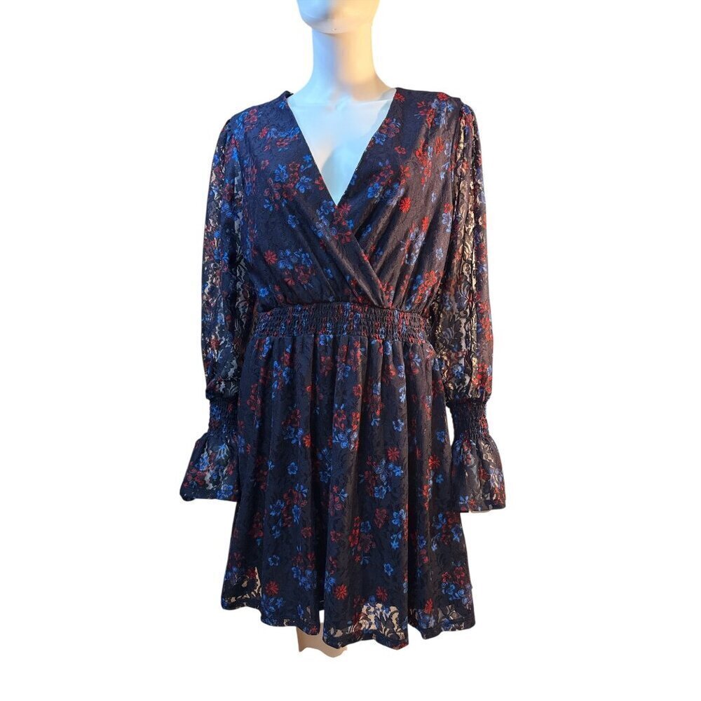 Disney Princess Floral Navy Lace Dress With Smocked Waist & Bell Sleeves XL EUC